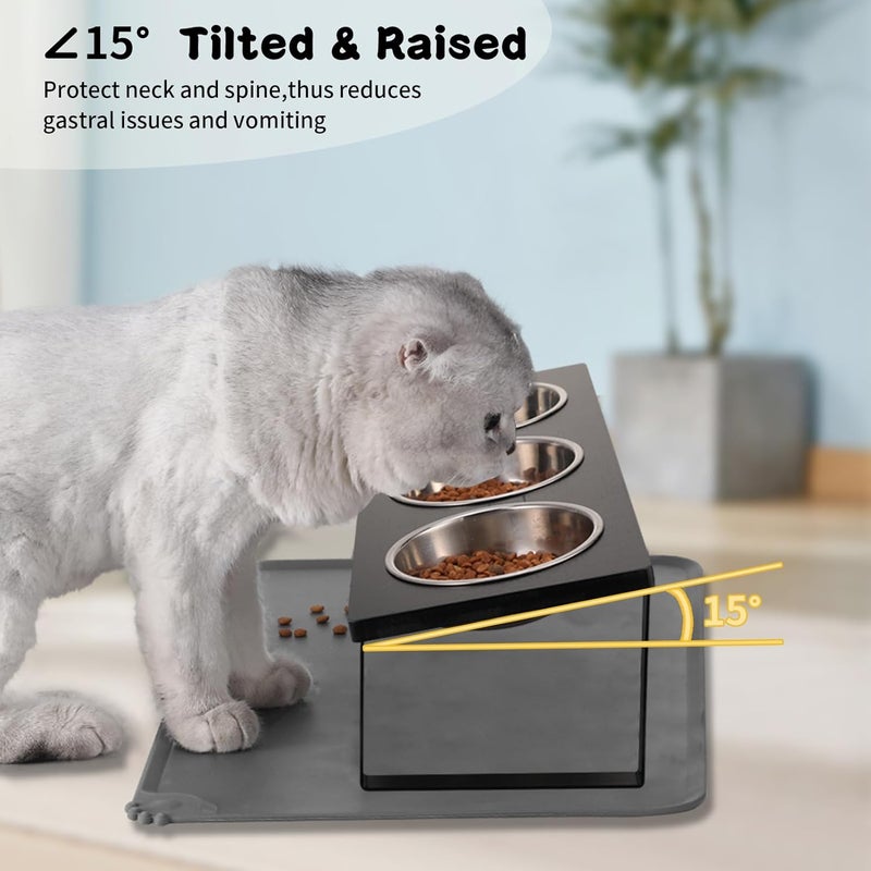 Summark Upgraded Elevated Cat Bowls with Food Mat,15°Tilted Stand Anti Vomiting Raised Cat Dishes for Food and Water,3 Stainless Steel Bowls for Cats and Puppy（Black） - Image 4